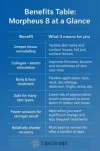 How Often Can I have Morpheus 8? 3 Table showing the benefits of Morpheus 8 treatment from Lipo Sculpt Woking